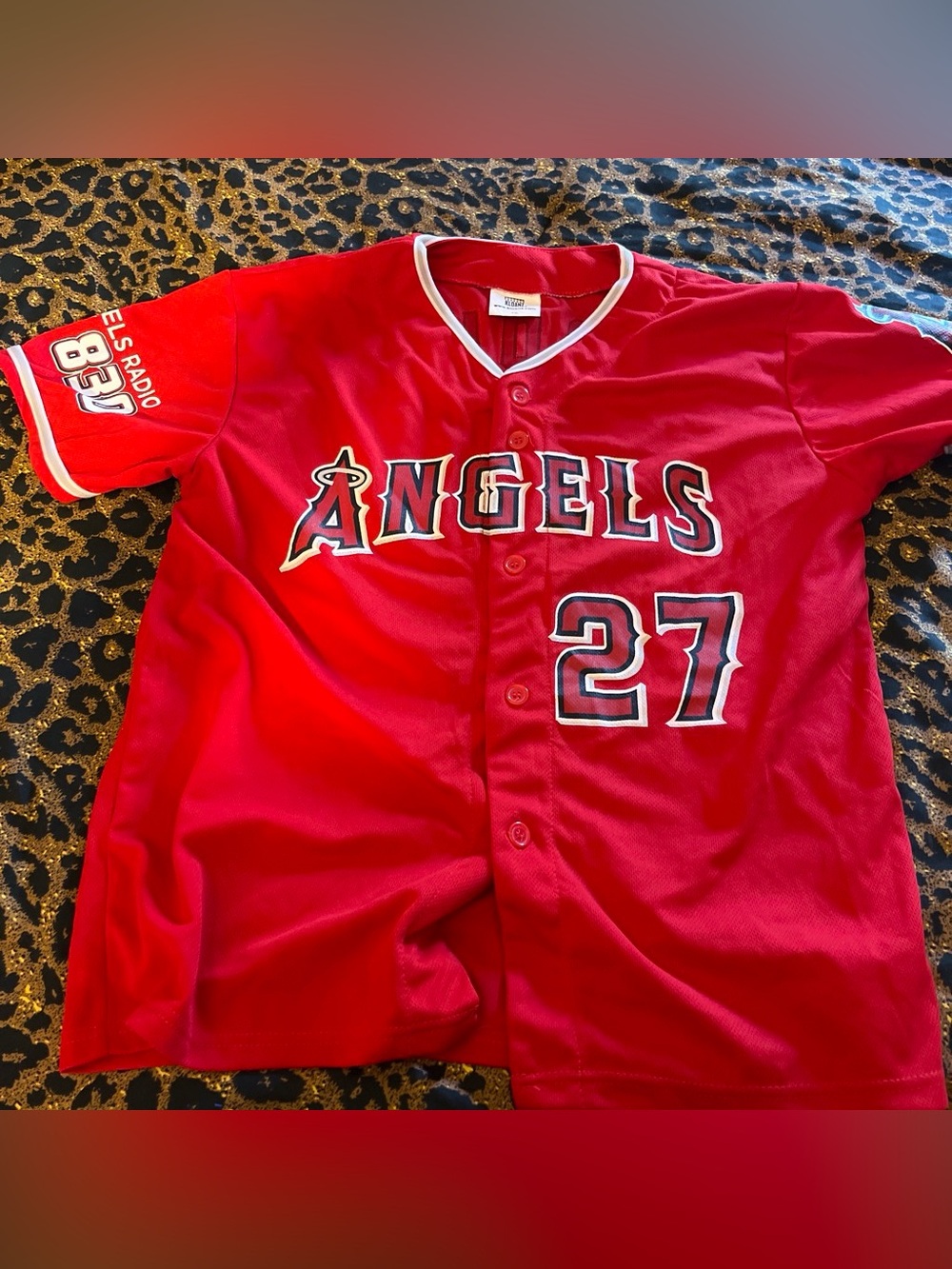 Angels Red Button-Front Kids Baseball Jersey with #27